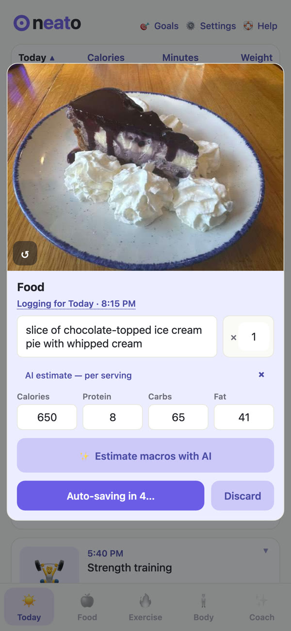 Snapping a slice of pie: Neato fills in 650 calories, 8g protein, 65g carbs, 41g fat