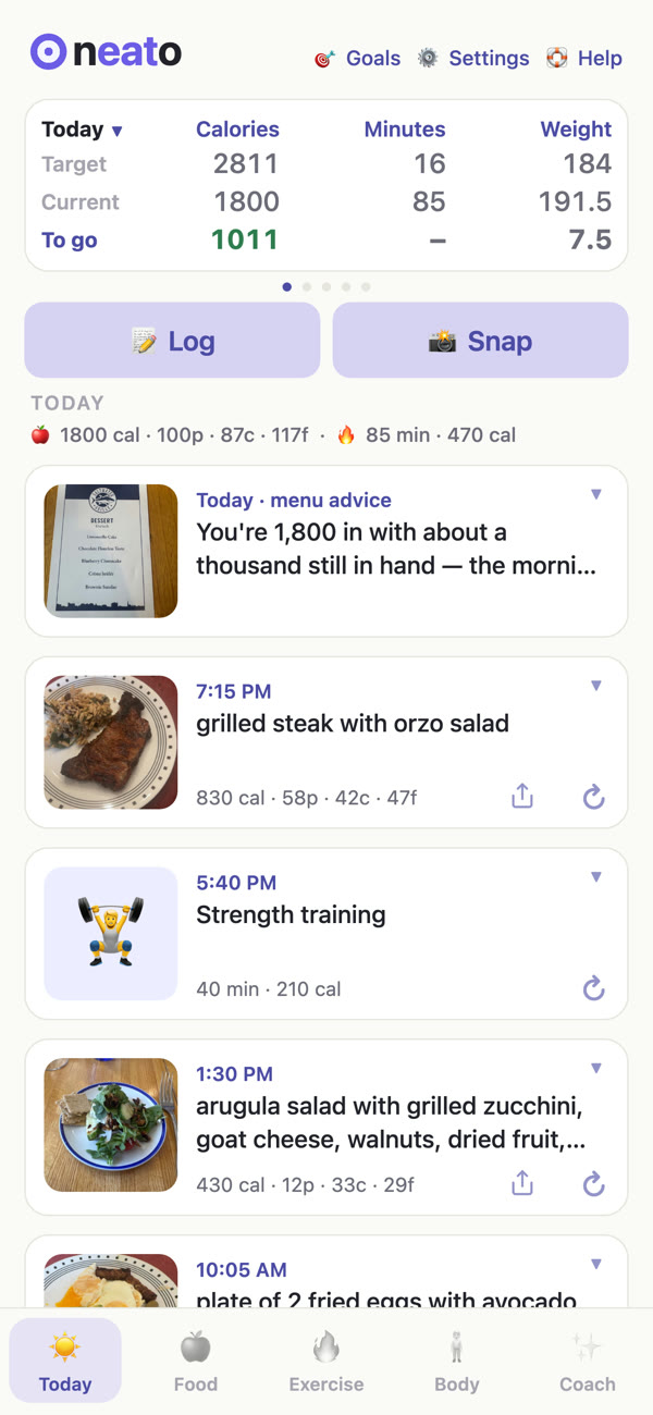 The Today tab: calories to eat, minutes to burn, weight to lose, and the day's timeline